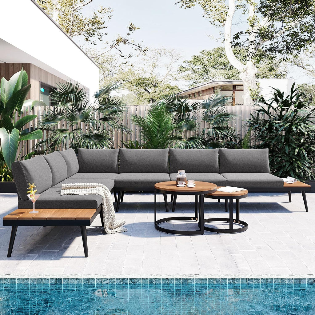 4-Piece Outdoor Sectional Sofa Set with Nesting Coffee Table and Cushion, Outdoor Acacia Wood L-Shaped Corner Sofa