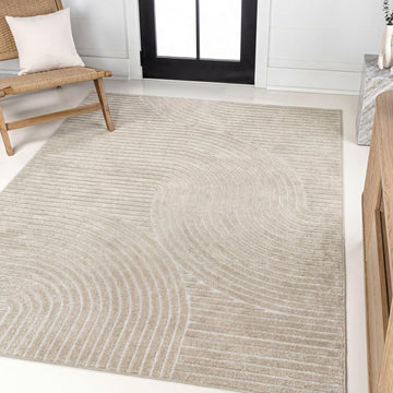 Hallie High-Low Curve Beige/Cream Indoor/Outdoor Area Rug, Minimalist, Japandi, Geometric, Pet Friendly