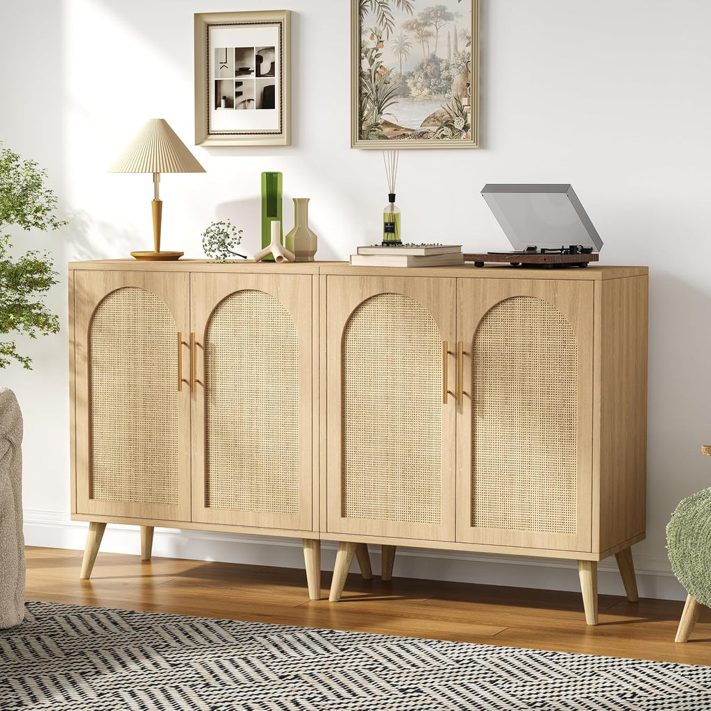 Set of 2 Rattan Storage Cabinet with 4 Doors & Solid Wood Legs | 59 Inch Sideboard with Adjustable Shelf , Floor