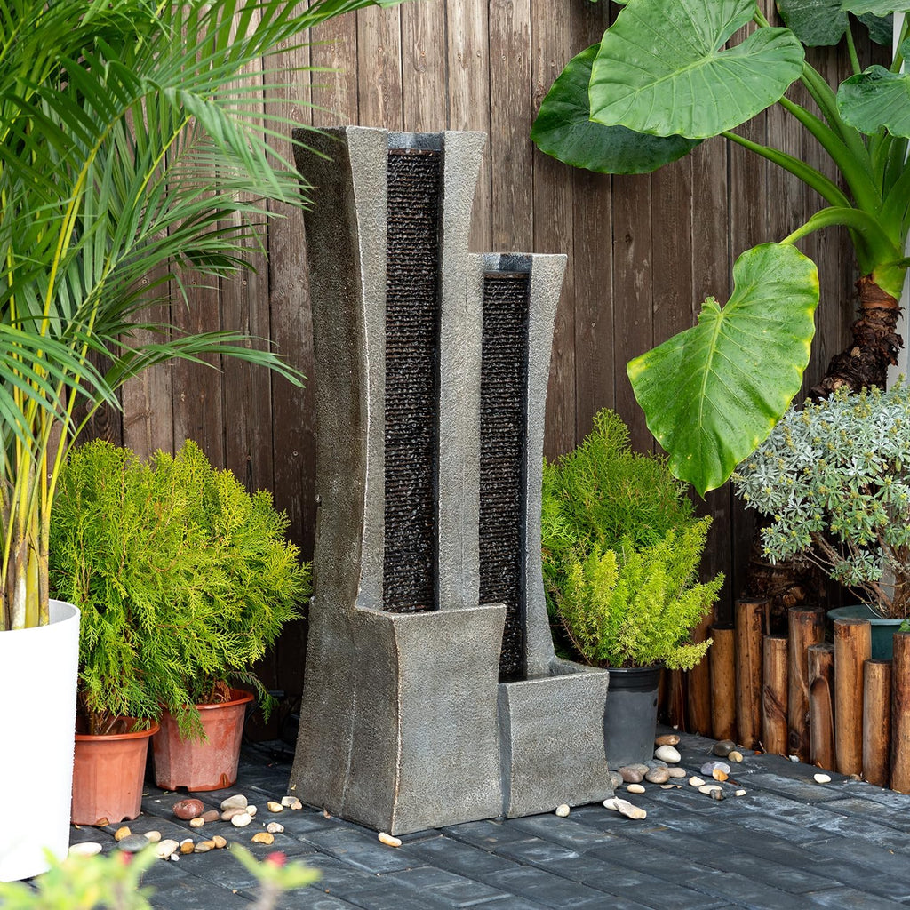 39.76" H Modern Outdoor Water Fountain with LED Lights Floor-Standing Cascading Waterfall with Dual Curved Columns for