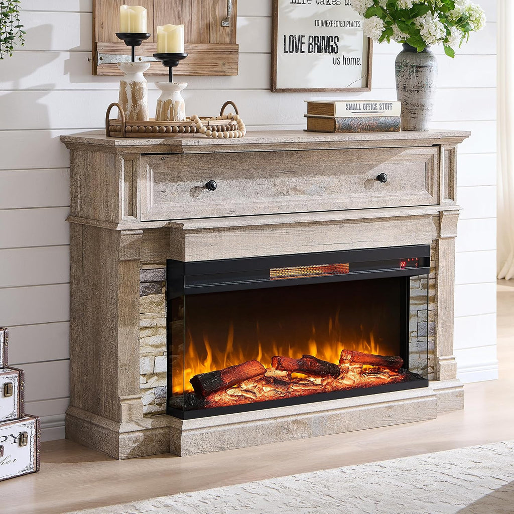 52" Electric Fireplace with Mantel, Freestanding Fireplace Heater TV Stand with 36" 3-Side Glass Insert for TVs Up to 65" with Storage Cabinet for Living Room, Light Rustic Oak
