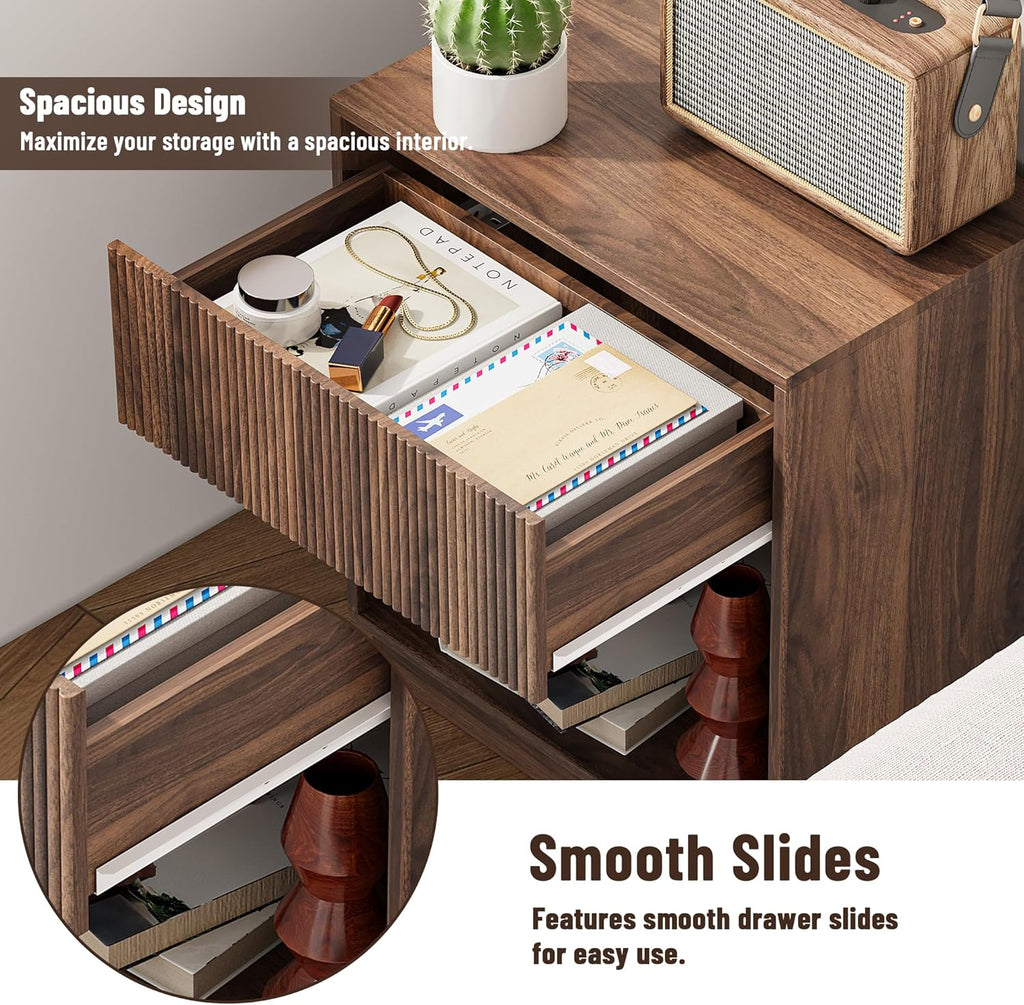 Fluted Nightstands Set of 2, Modern Bedside Table with Storage Drawer and Open Wood Shelf, Wood End Table Mid Century