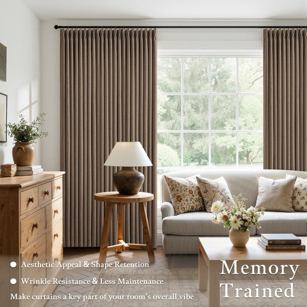 96 Inch Blackout Pinch Pleated Curtains 2 Panel Set Darkening Thick Linen Textured 100% Black Out Drapes 96 Inches