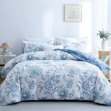 Reversible Blue & White Floral Duvet Cover Set, Queen – 3 Piece with Zipper Closure
