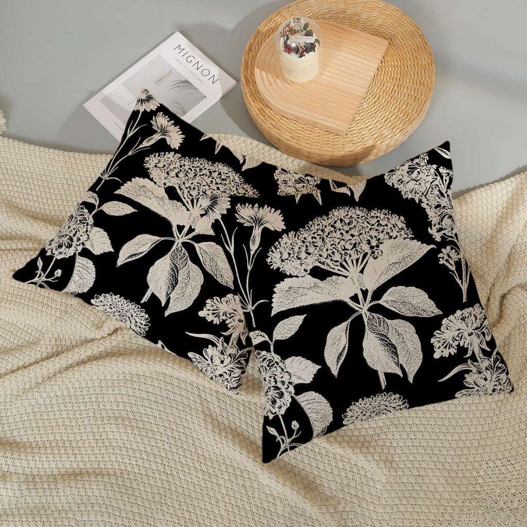 Black Pillow Covers 20x20 Inch Set of 2 Vintage Boho Floral Hydrangea Herbs Botanical Throw Pillows Outdoor Flower