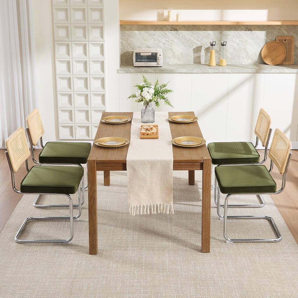 Natural Rattan Dining Chairs Set of 2, Olive Green Modern Kitchen Chairs with Solid Wood Back & Chrome Base