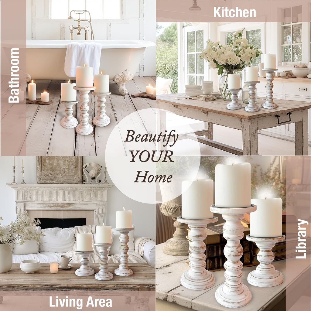 Large Candle Holders for Pillar Candles (3 Piece Set) Tall Rustic Wood Farmhouse Pillar Candlestick Stands - Fits 4