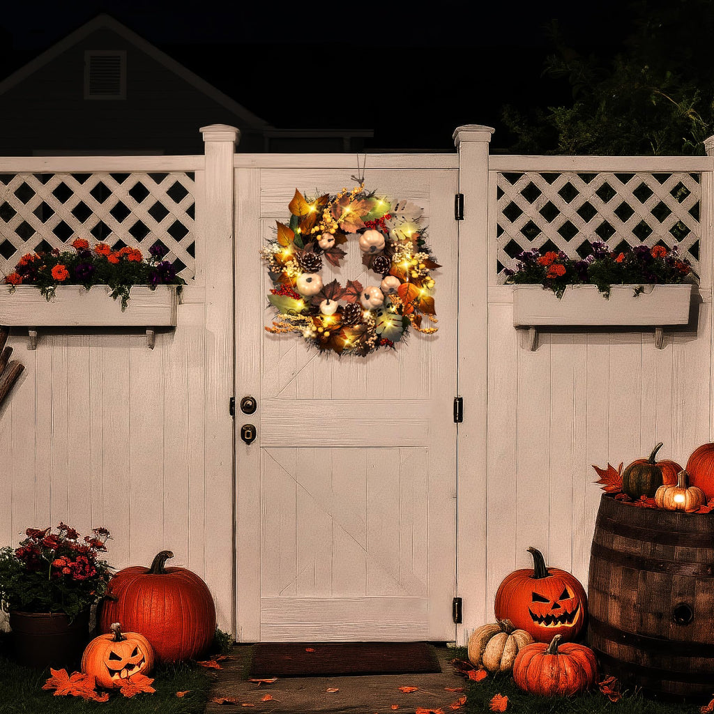 20Inch Thanksgiving Fall Wreath for Front Door with Light Autumn Wall Decor