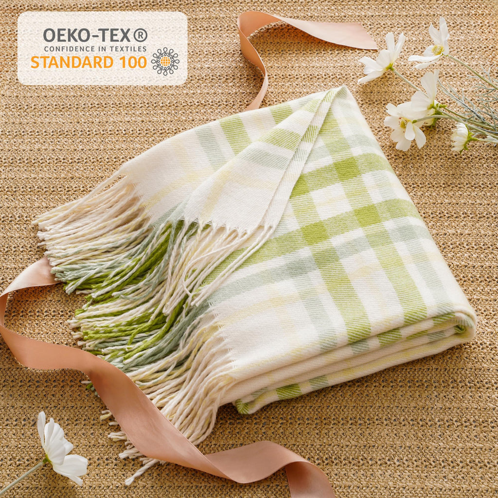 Spring Summer Plaid Throw Blanket for Couch Bed, White Green Stripe Blanket