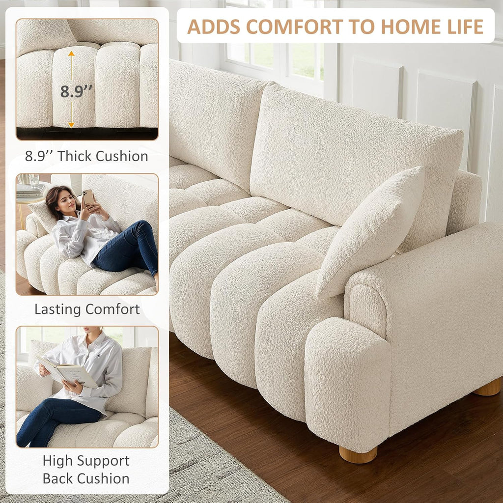 Boucle Sofa Couch, 91" Comfy Tufted Upholstered Cloud Couches, Modern 3 Seater Sofa with Pillows