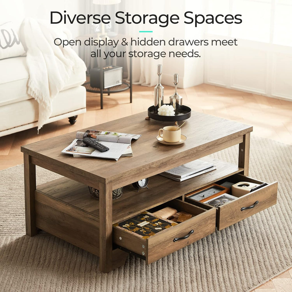 Farmhouse Coffee Table, Rectangle Coffee Table with Drawers, Rustic Wooden Coffee Tables with Storage, Center Table