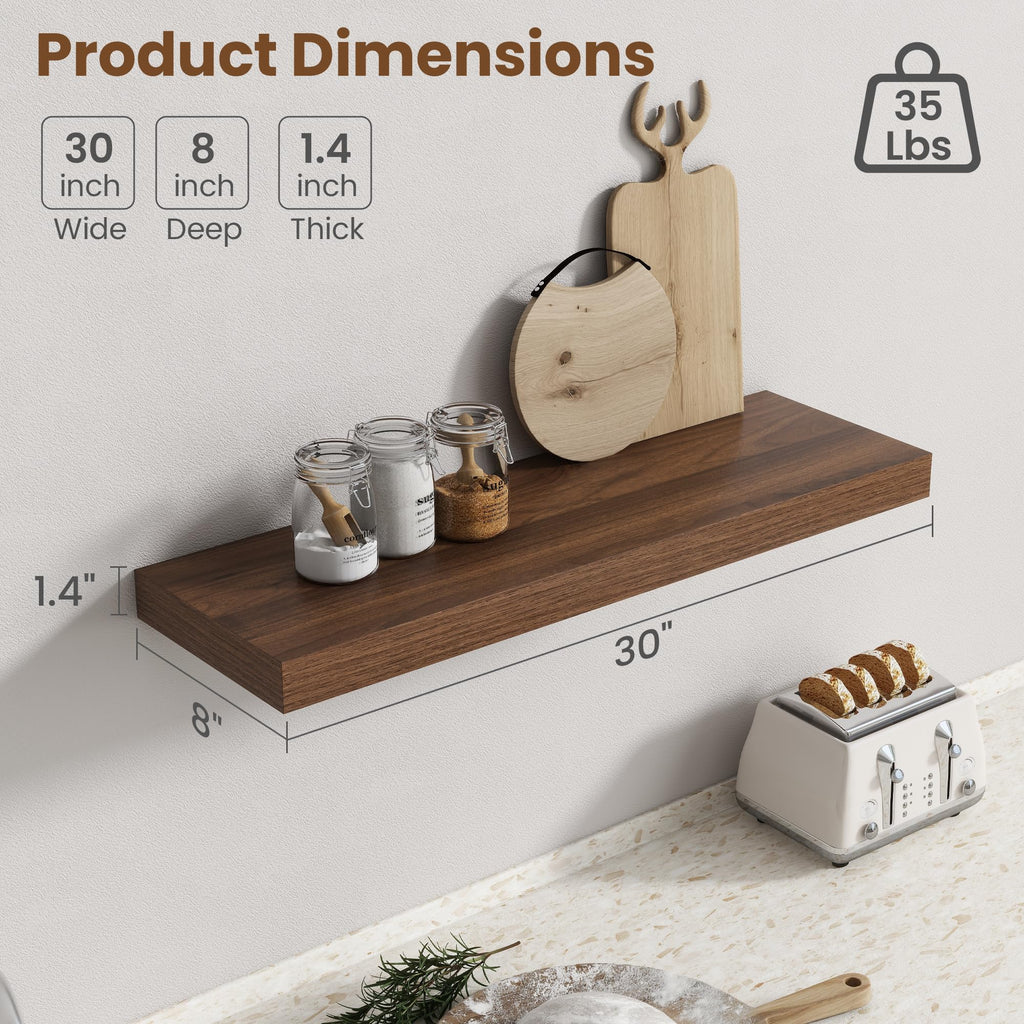 30 Inch Floating shelves for Wall, 8 Inch Deep, Invisible Brackets, Walnut