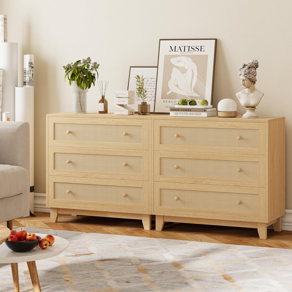 Boho Rattan 3 Drawer Dresser Nightstand, Natural Oak