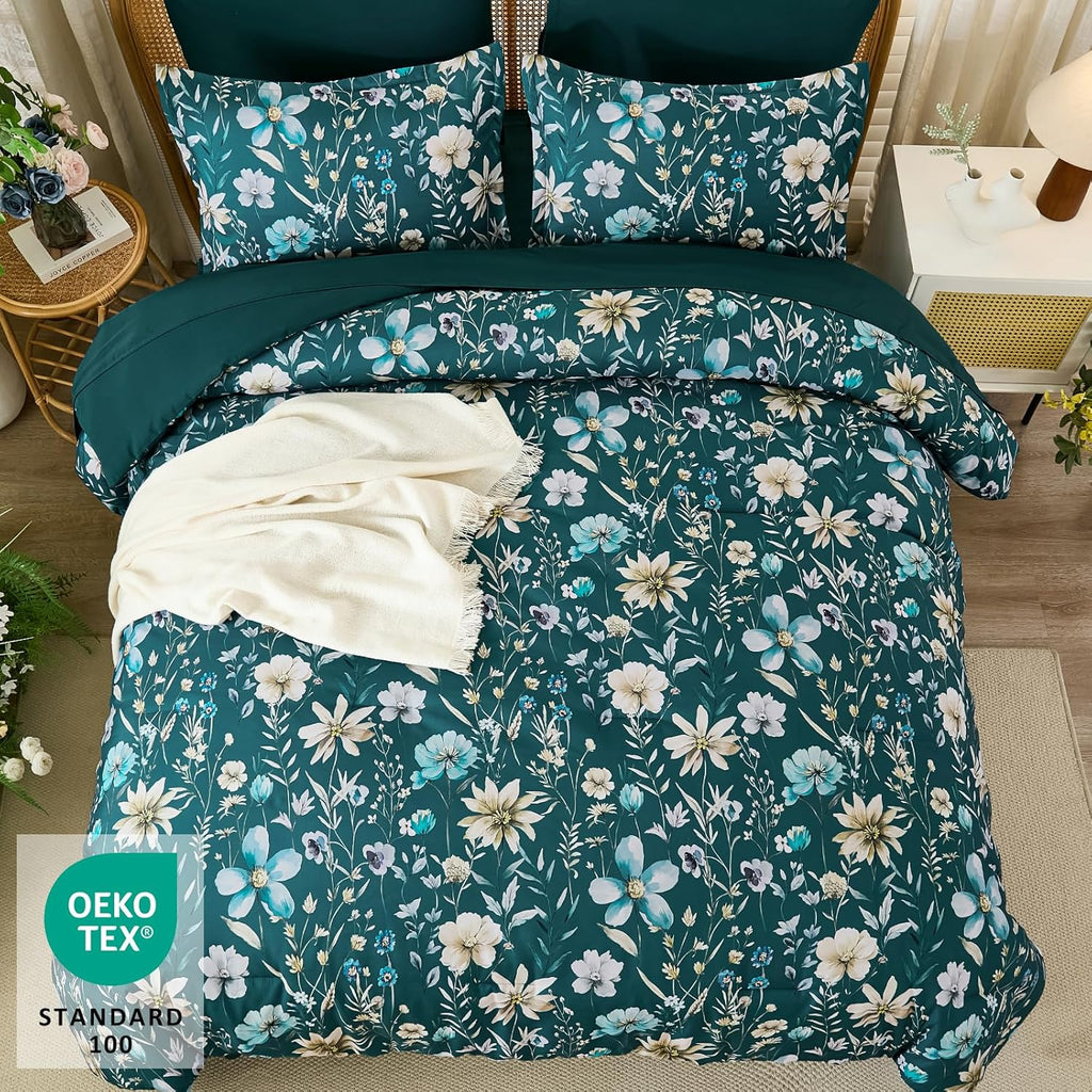 Queen Floral Comforter Set 7 Pieces, Teal Floral Comforter with Sheet Set, Flowers Leaves Pattern
