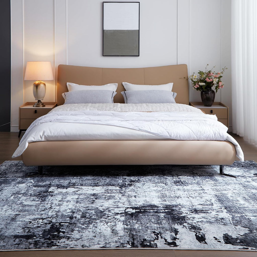 Area Rug 5x7 Washable Abstract, Grey and Black