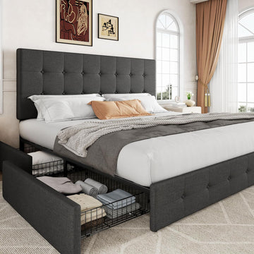 Upholstered King Platform Bed Frame with 4 Storage Drawers and Headboard, Square Stitched Button Tufted