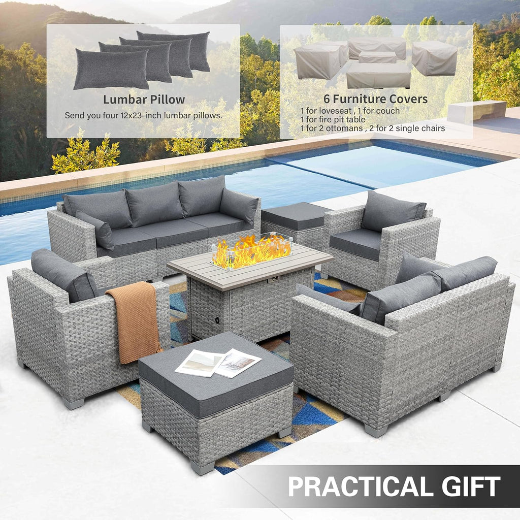 Patio Furniture Set 7 Piece Grey Wicker Outdoor Conversation Sets PE Rattan Sectional Sofa with Propane Fire