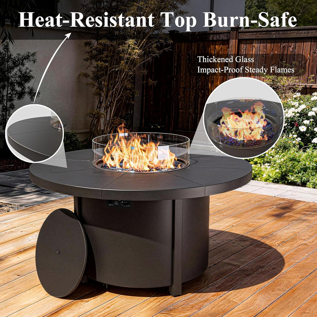 48 Inch Round Propane Fire Pit Table, 55000 BTU Auto-Ignition Gas Fire Pit with Steel Tabletop, Adjustable Flame