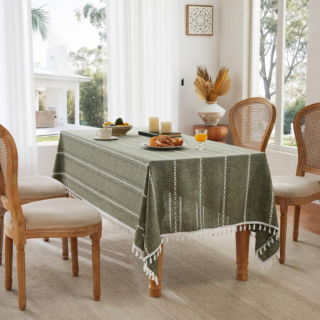 Hemstitched Embroidery Striped Boho Tablecloth 54x70 Inch Olive, Heavy Weight Farmhouse Burlap Linen Green Tablecloth