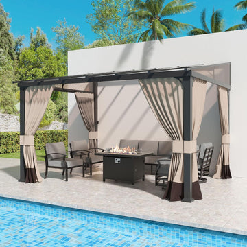 10' × 12' Hardtop Gazebo Wall-Mounted Lean to Gazebo Pergola with Sloping Roof and Durable Aluminum Frame,Large Heavy