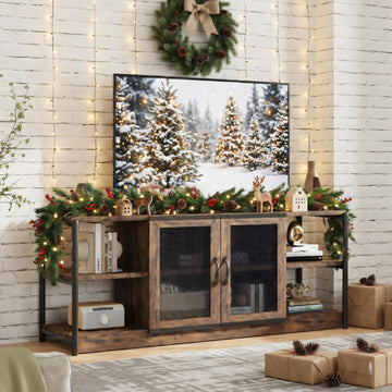 Farmhouse TV Stand for 65/75 Inch TVs, Vintage TV Cabinet with 2 Mesh Doors and 4 Open Shelves, Rustic Entertainment