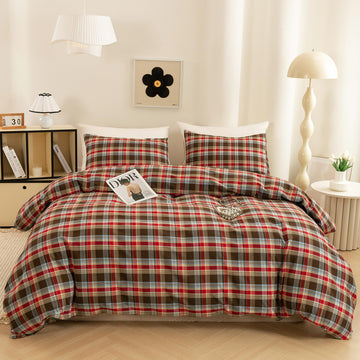 Cotton 3 Pcs Duvet Cover Set Linen Feel Red & Brown Plaid King