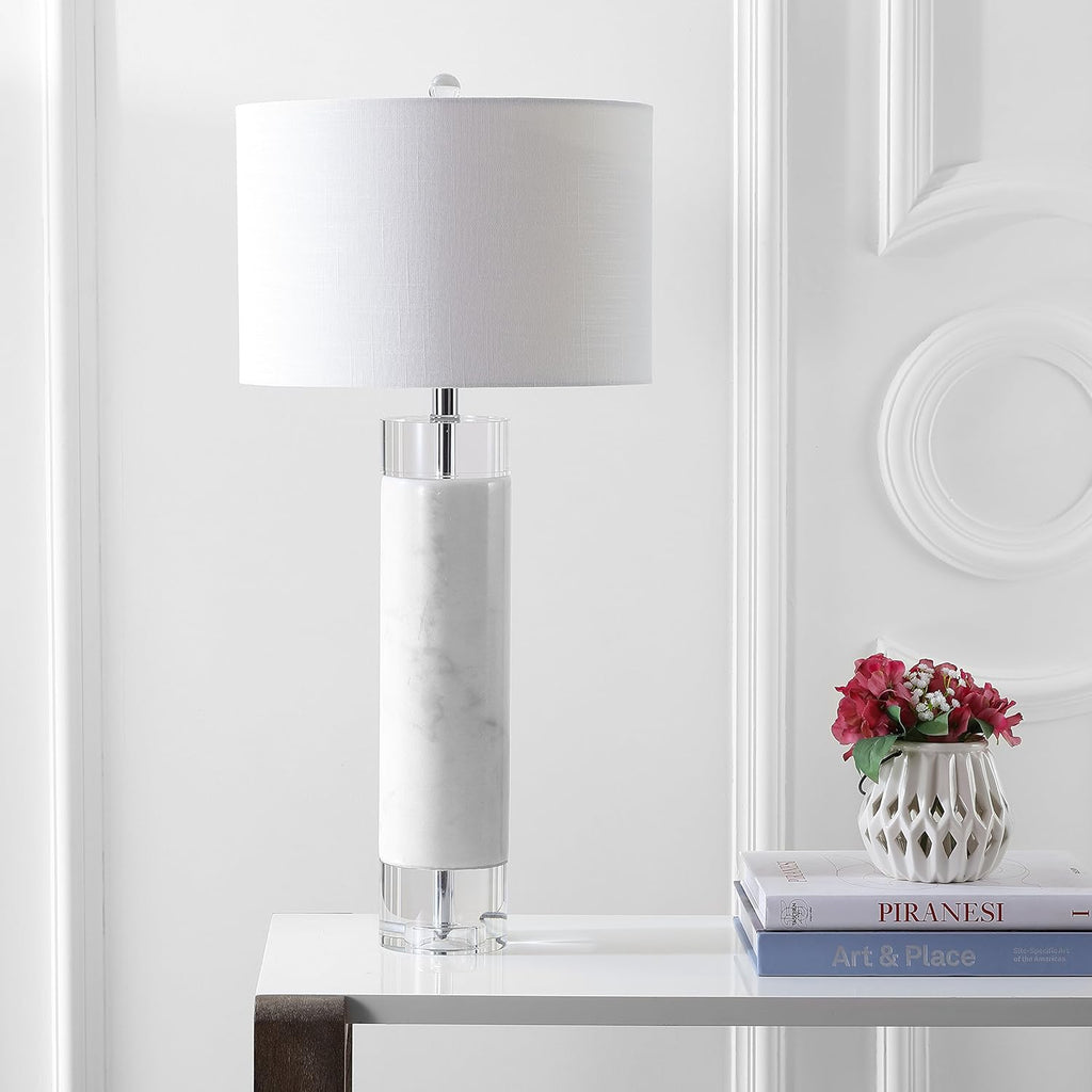 32" White Marble and Crystal LED Table Lamp, Modern Contemporary Cylindrical Column Bedside Lamp Bedroom