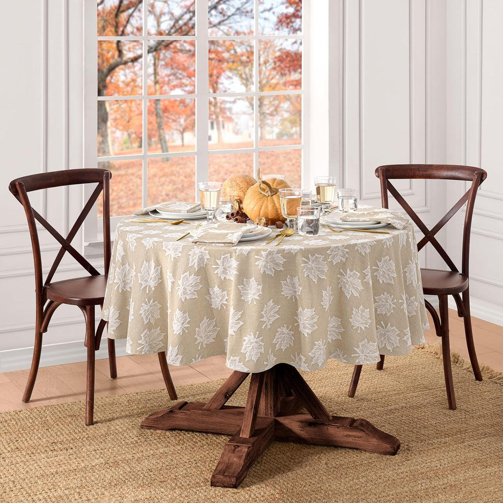Home Fashions Falling Leaves Jacquard Harvest/Thanksgiving Cotton Tablecloth, 70" Round, Taupe
