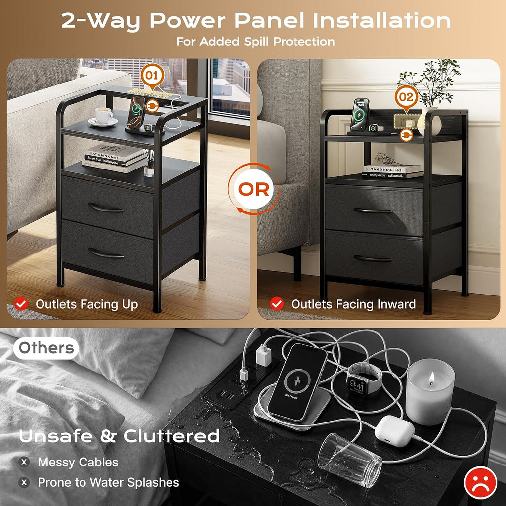 Nightstands Set of 2, Night Stand with LED Lights, Charging Station and USB-C Ports, 2 Drawers Bed Side Table, Open