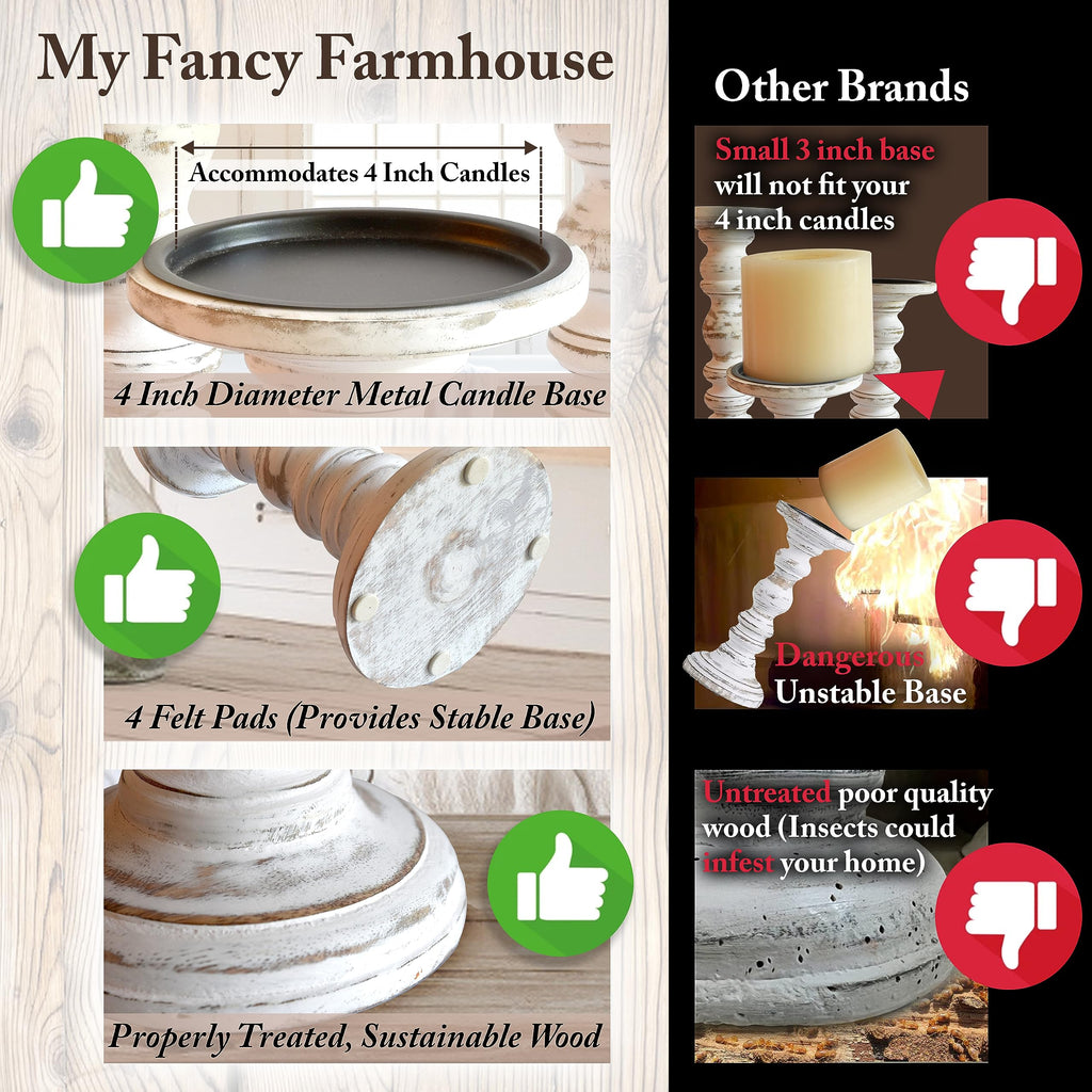 Large Candle Holders for Pillar Candles (3 Piece Set) Tall Rustic Wood Farmhouse Pillar Candlestick Stands - Fits 4