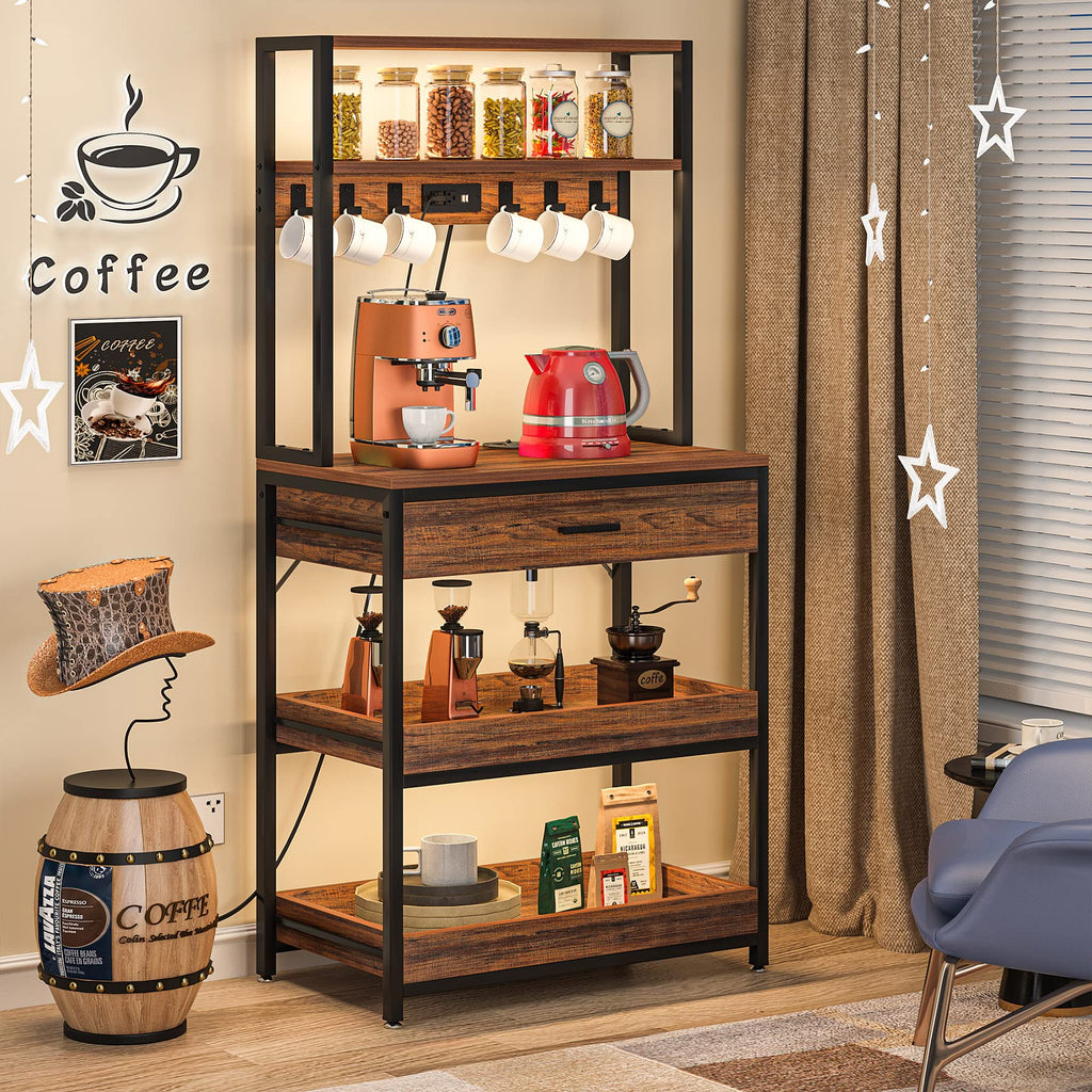 Kitchen Baker's Rack with Power Outlets, Freestanding 5-Tier Microwave Stand with Drawers & Sliding Shelves, Coffee