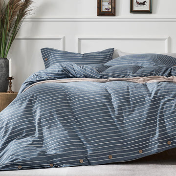100% Washed Cotton Striped Duvet Cover Set, Linen-Like