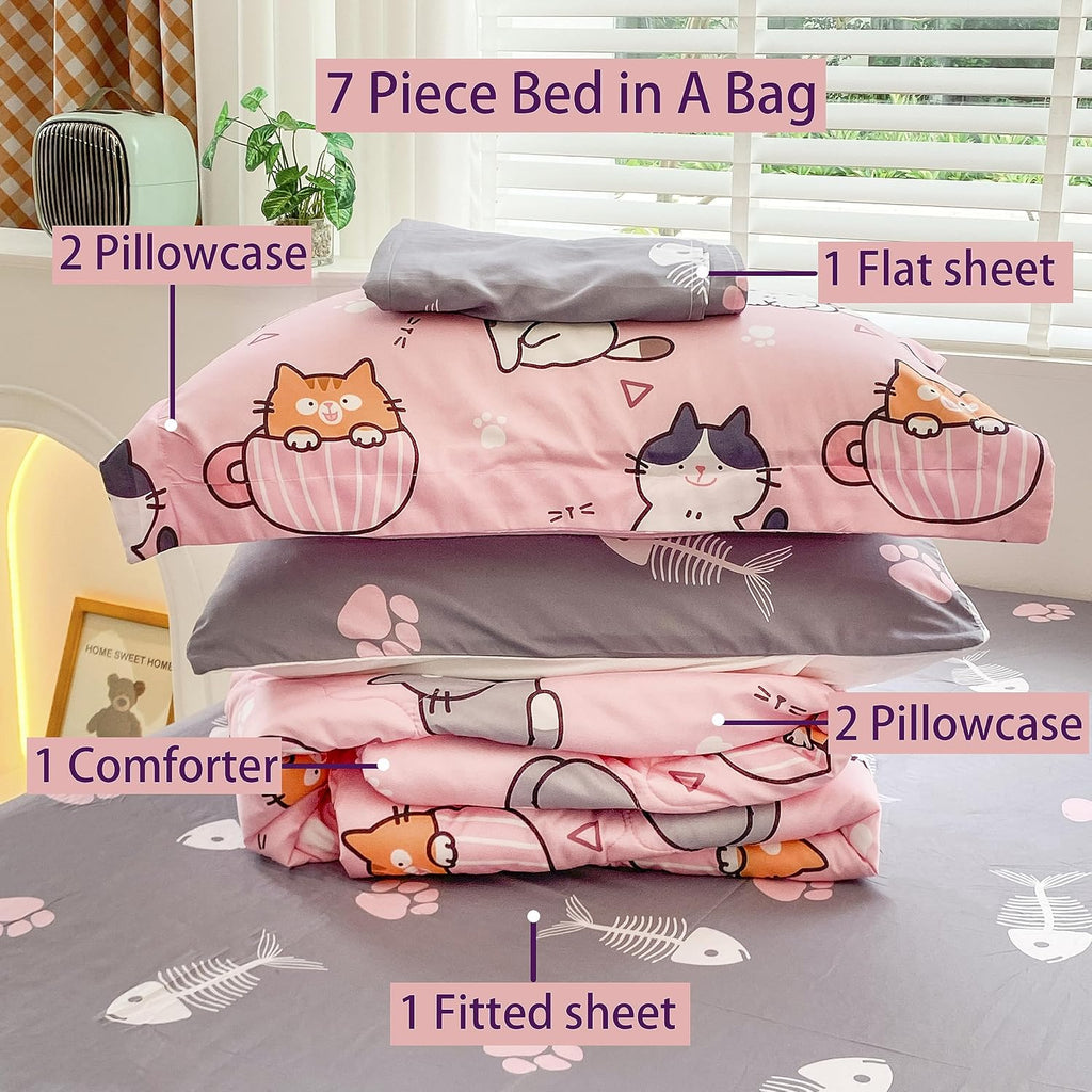 7 Piece Girls Cats Bedding Comforter Set Twin for Kids Bed in A Bag Pink Cute Cartoon Pet Cat Bedding Set for Boys