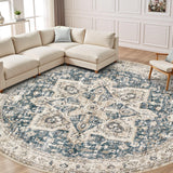 8' Round Area Rug Living Room Rugs - Washable Boho Rug Vintage Oriental Distressed Farmhouse Large T