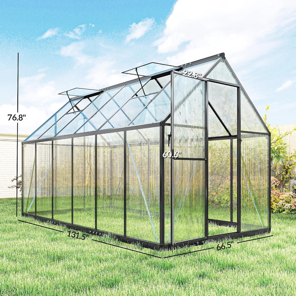 11x6 ft Polycarbonate Greenhouse with Swing Door, Black | Two Adjustable Roof Vents, Aluminum Walk-in Hothouse