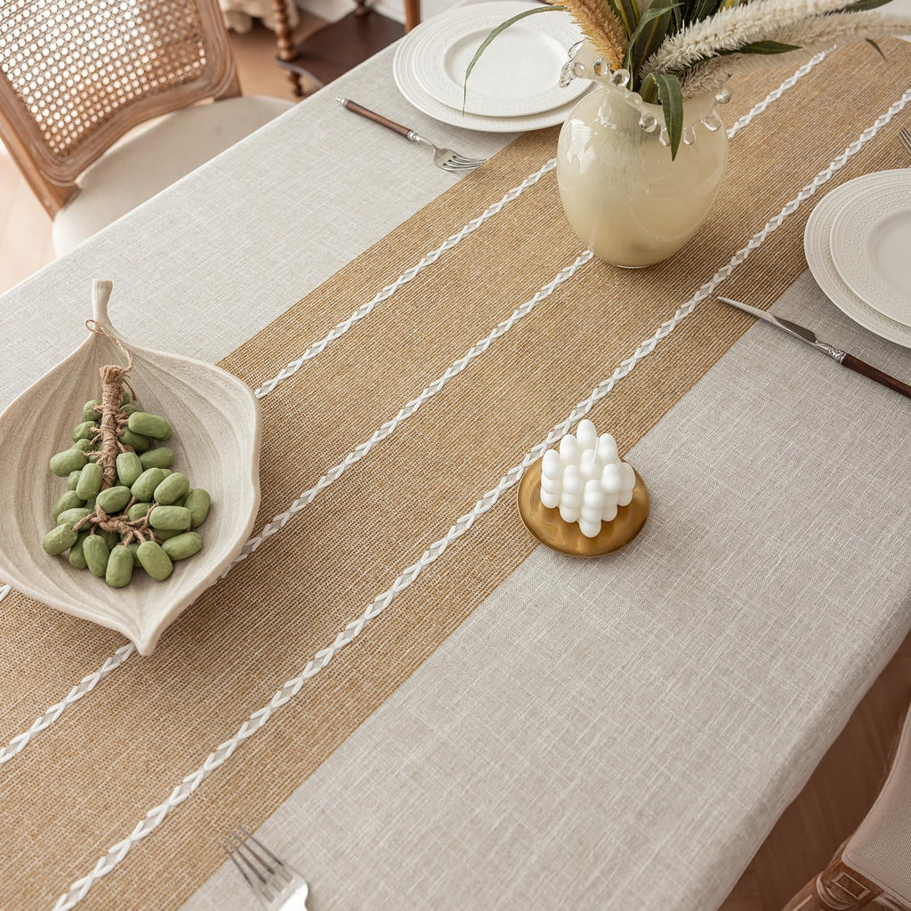 Rustic Waterproof Cotton Blend Tablecloth, Heavy Weight Embroidery Table Cover for Rectangle Tables, Burlap Farmhouse