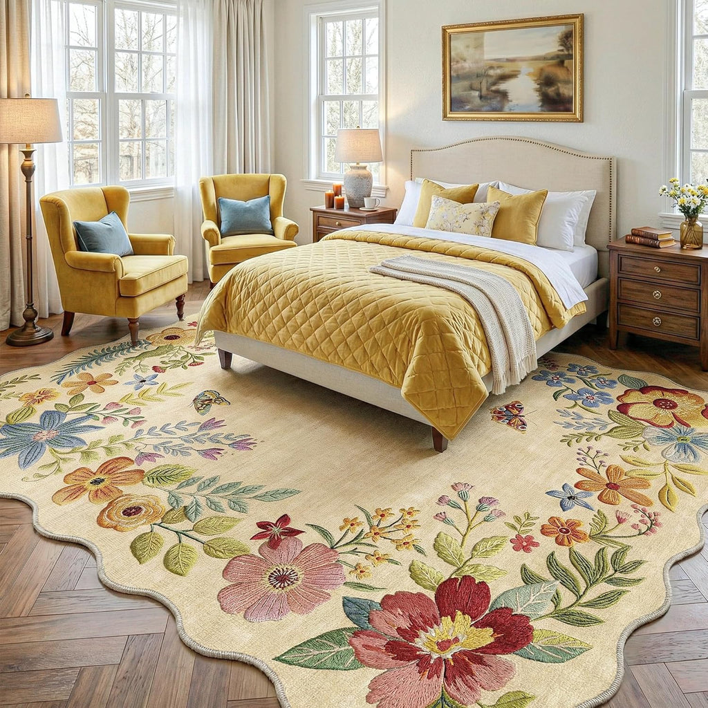 9x12 Floral Washable Area Rug Beige Neutral Vintage Flower Botanical Cottage Boho Cream Scalloped So