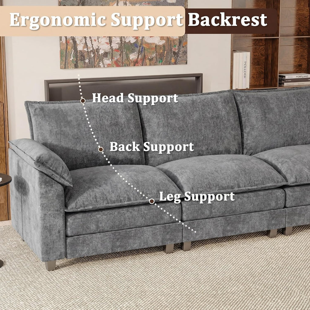 118.9" Modular Sectional Cloud Couch 3-Seat Sofa Set with Movable Ottoman, L Shaped Sofa Couch with Deep Seat