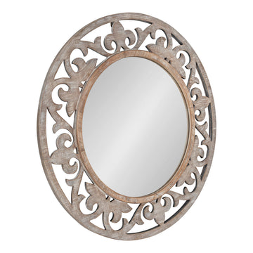 Shovali Rustic Round Mirror, 31.5 Diameter, Rustic Whitewash, Ornate Wood-Carved Frame, Decadent Wall Decor with