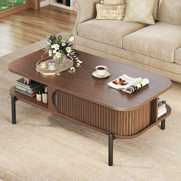 39.4" Fluted, Mid Century Modern Table with Sliding Cabinet Door 2-Tier Rustic Wood Desktop with Storage Open Shelf