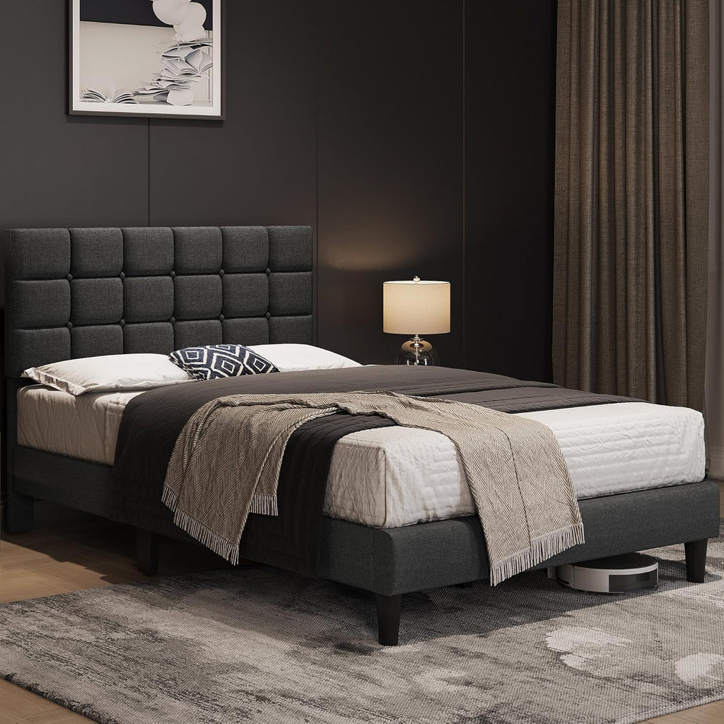 Upholstered Bed Frame, Modern Full Bed Platform with Square Stitched&Button Tufting Headboard Height Adjustable