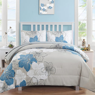 Floral Comforter Set Queen, Blue Floral Comforter and Sheet Set, 7 Pieces Bed in a Bag Soft Microfiber Complete - Set of 7