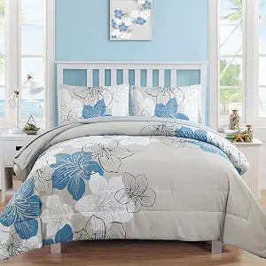 Floral Comforter Set Queen, Blue Floral Comforter and Sheet Set, 7 Pieces Bed in a Bag Soft Microfiber Complete - Set of 7