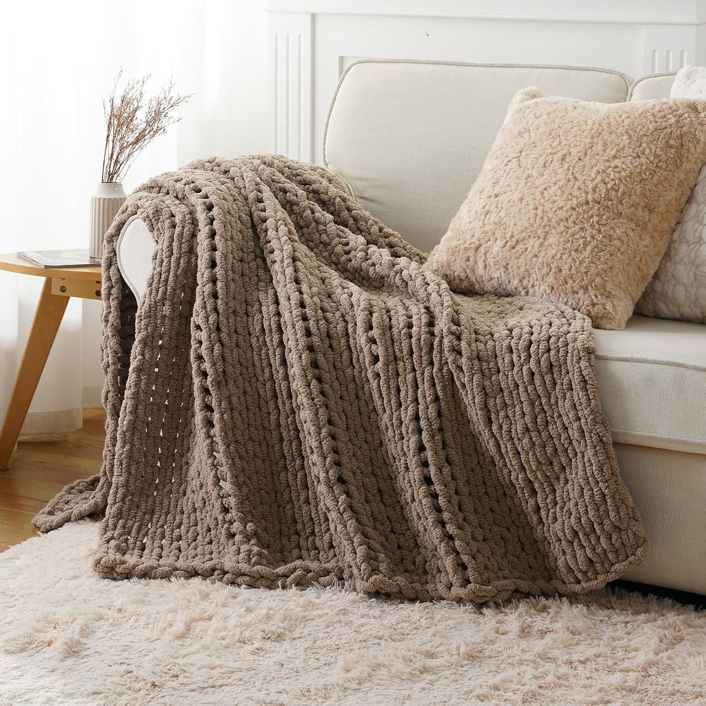 Beige Chunky Knit Throw Blanket, Soft and Thick Taupe Chenille Throw Blanket, 50"x60" Handmade Cable Knit Crochet