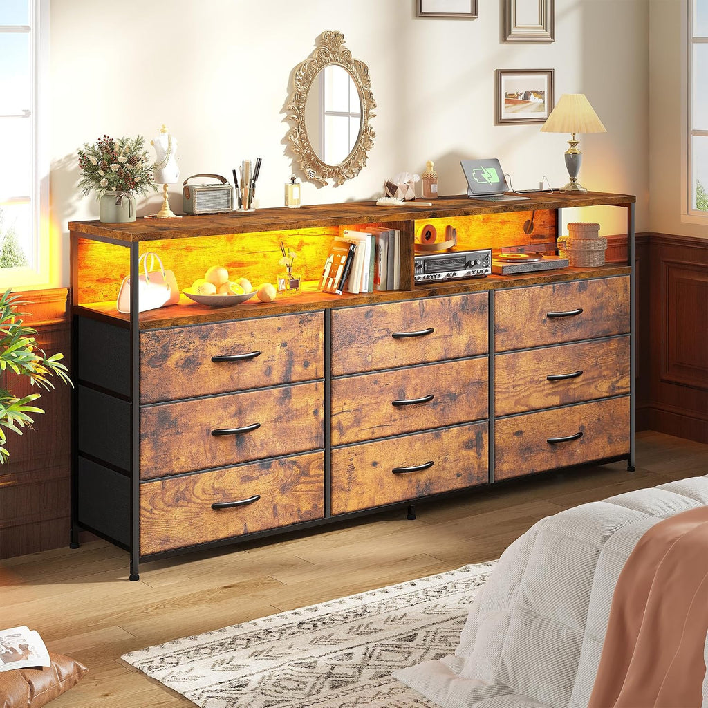 55" W Dresser with 9 Drawers LED TV Stand with Power Outlets for 45, 55, 65 Inch TV Sturdy Long Chest of Drawers with