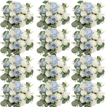 Peonies Artificial Flowers Bulk, 12 Bundles Fake Silk Peonies Faux Eucalyptus Bouquet Realistic Peony Floral