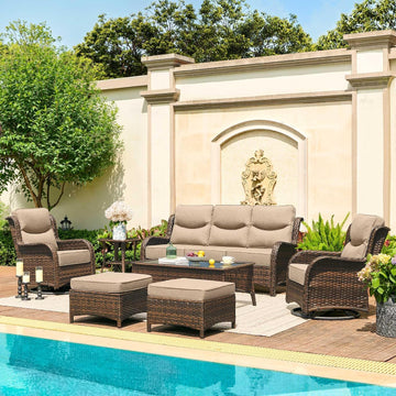 Luxury Outdoor Patio Furniture Set with 6-Inch Thick Cushions | High Back Wicker Swivel Rocker Chairs, 7 Pcs All