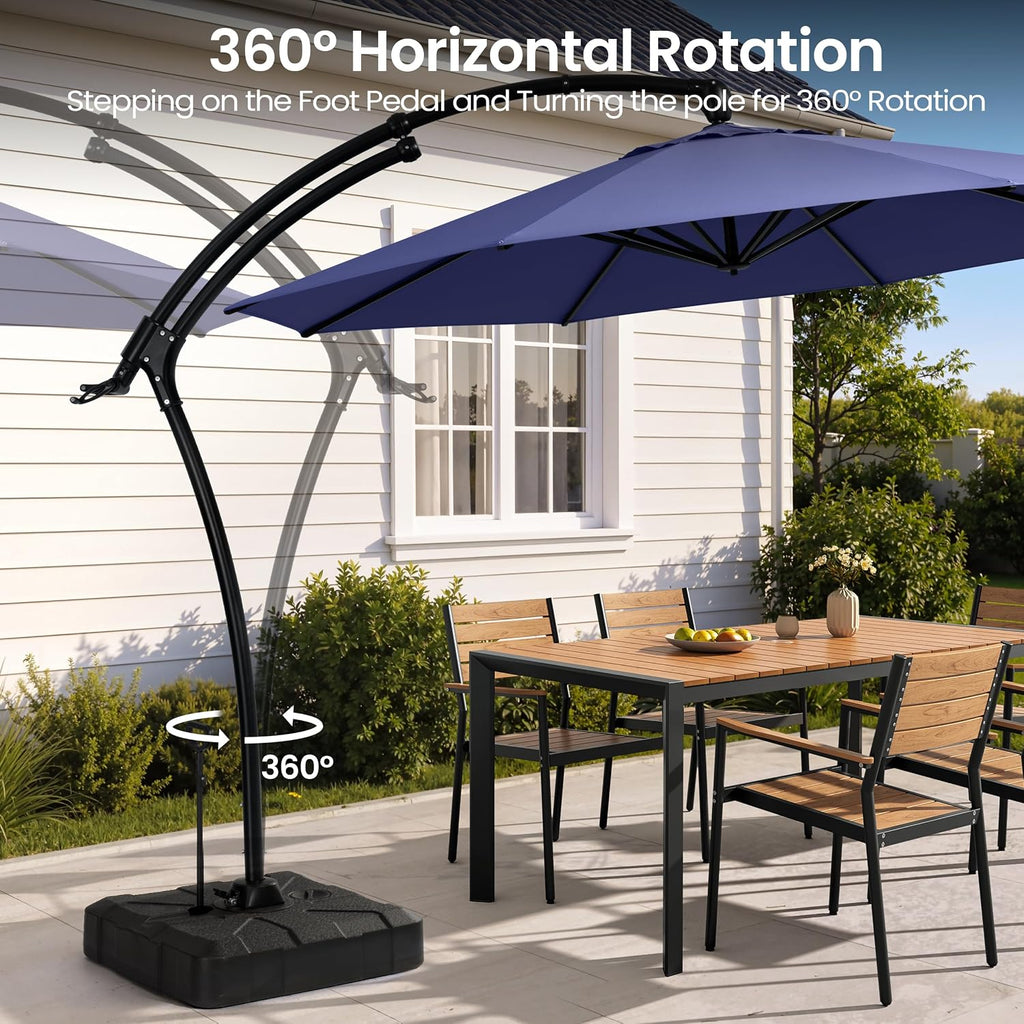 9-11FT Offset Cantilever Umbrella with 350LBS Wheeled Base Included | 360-degree adjustment, Aluminum & iron fra - RYHH
