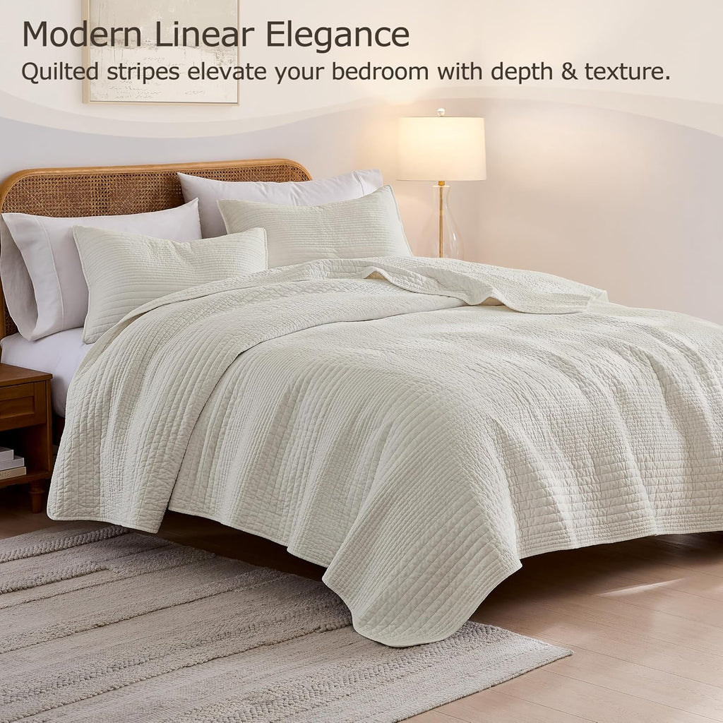 Striped Beige 100% Cotton Quilt Twin Bedding Sets, Lightweight Crinkly Channel Pick Stitch Textured Bedspread Soft