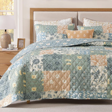 Quilt Set - 3 Pieces Patchwork Green Quilt Bedding Set, Lightweight Bedspread Coverlet, Reversible Floral